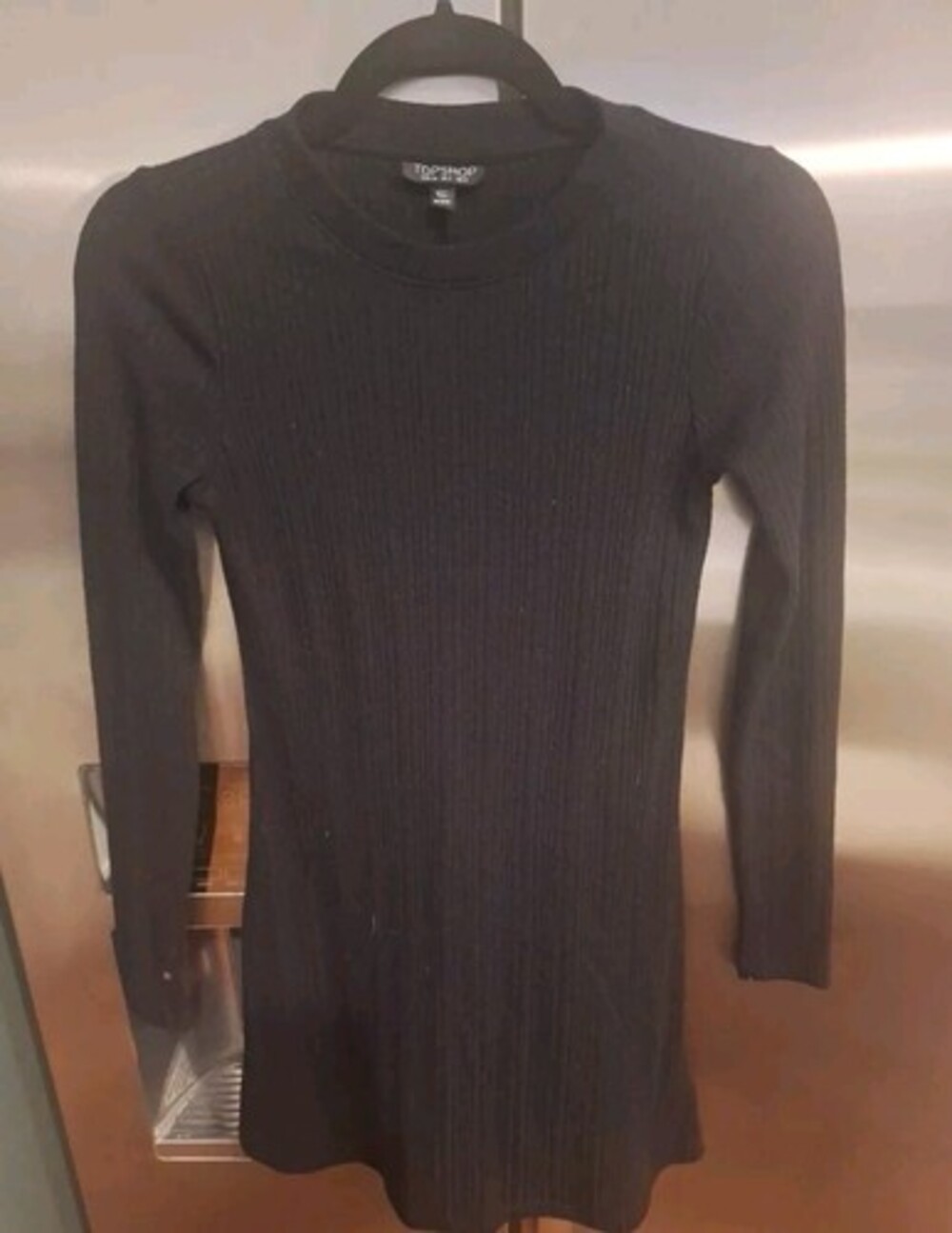 Top Shop Black Long Sleeve Ribbed Mini Dress Size 2 Round Neck
